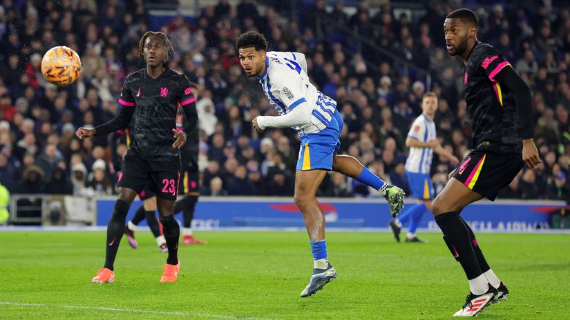 Brighton's Rutter scores between Chalobah (left) and Adarabioyo (right) against Chelsea in the FA Cup (©Richard Heathcote/Getty Images)