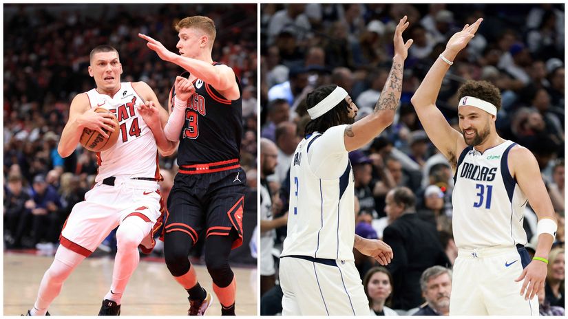 Miami's Herro in action and Davis & Thompson of Dallas (©AFP)