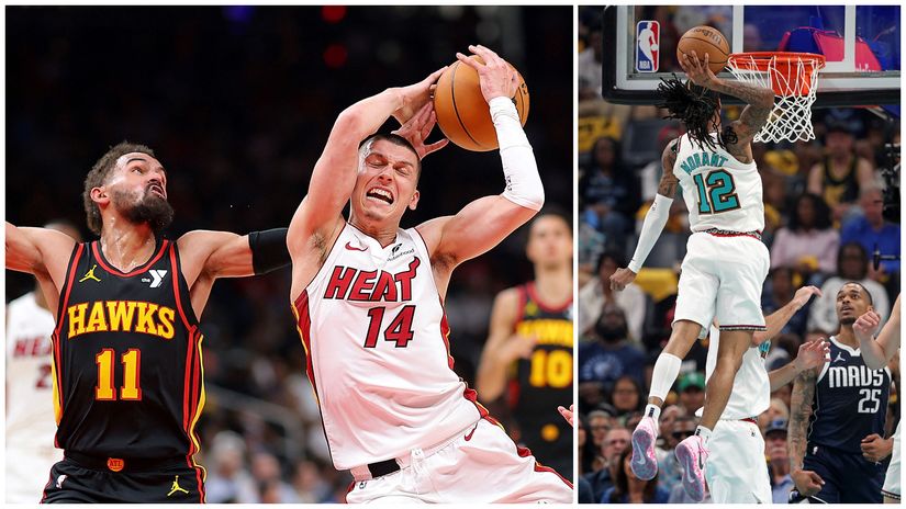 Young of Atlanta & Herro of Miami in action and Morant of Memphis dunking (©AFP)