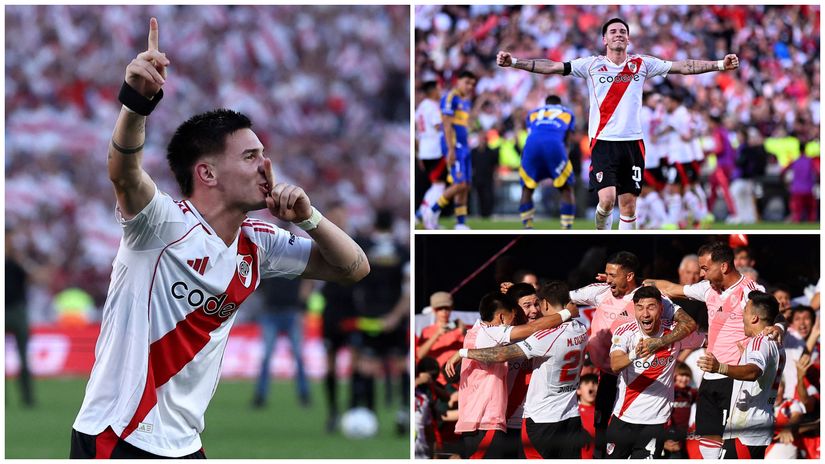 Franco Mastantuono and his teammates celebrate his screamer (©Reuters/Agustin Marcarian/Rodrigo Valle/Gallo Images)