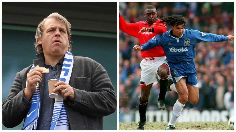 Todd Boehly (left) and Ruud Gullit in action for Chelsea against Andy Cole of Man Utd (©Getty images/Gallo images)