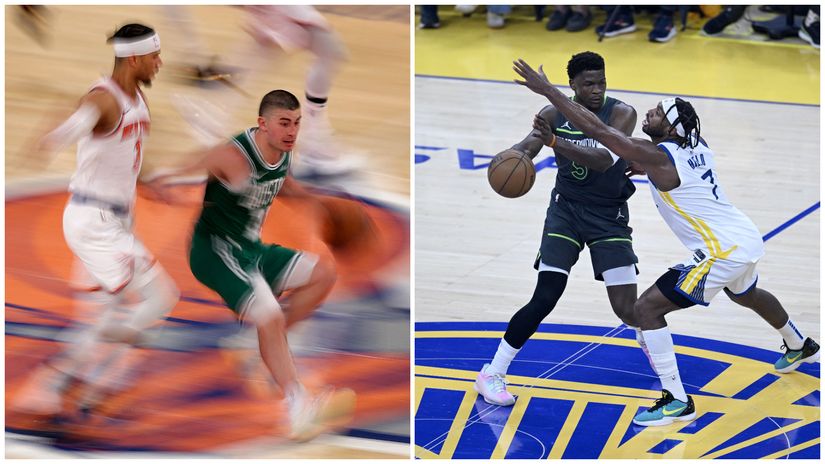 Hart of Knicks & Pritchard of Celtics and Edwards of Timberwolves & Hield of Warriors, all in action (©AFP)