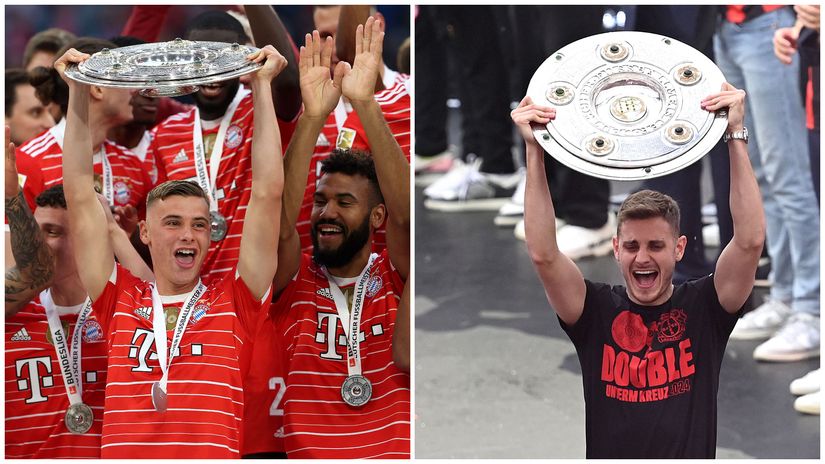 Stanisic lifting the Bundesliga trophy with Bayern (left) and Leverkusen (right) (©Alexander Hassenstein/Getty Images/Gallo Images/AFP)