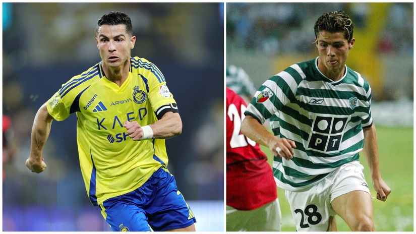 Cristiano Ronaldo recently with Al-Nassr and with Sporting Lisbon in 2003 (©Abdullah Ahmed/Getty Images/Reuters/Marcos Borga JR/Gallo Images)