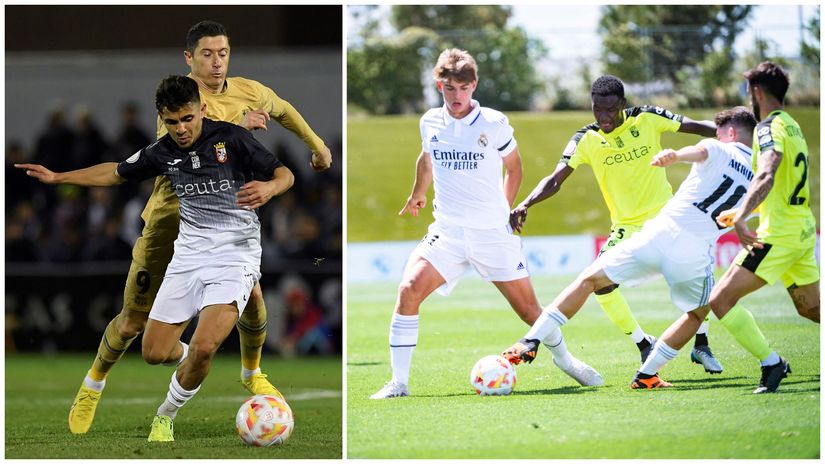 Ceuta players in action against Barcelona in Copa del Rey (January 2023) and Real Madrid Castilla in third tier (May 2023) (©AFP)