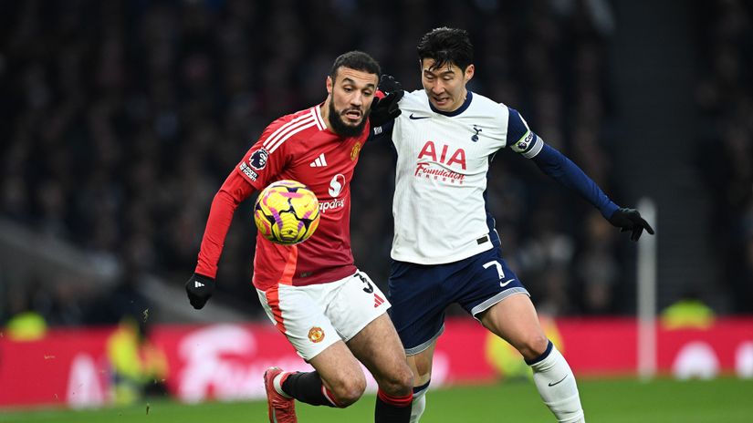 Mazraoui of Man United and Son of Spurs in action in the two teams' previous clash played last February (©Justin Setterfield/Getty Images)