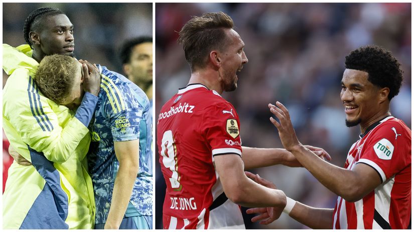 Ajax players Anton Gaaei (r) and Jorthy Mokio in despair, while PSV's Luuk De Jong and Malik Tillman celebrate (©ANP via Getty Images)