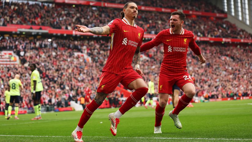Darwin Nunez after scoring for Liverpool against Southampton (©Carl Recine/Getty Images)