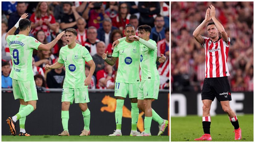Lewandowski celebrating one of his goals and De Marcos getting subbed out (©Ion Alcoba Beitia/Juan Manuel Serrano Arce/Getty Images/Gallo Images)