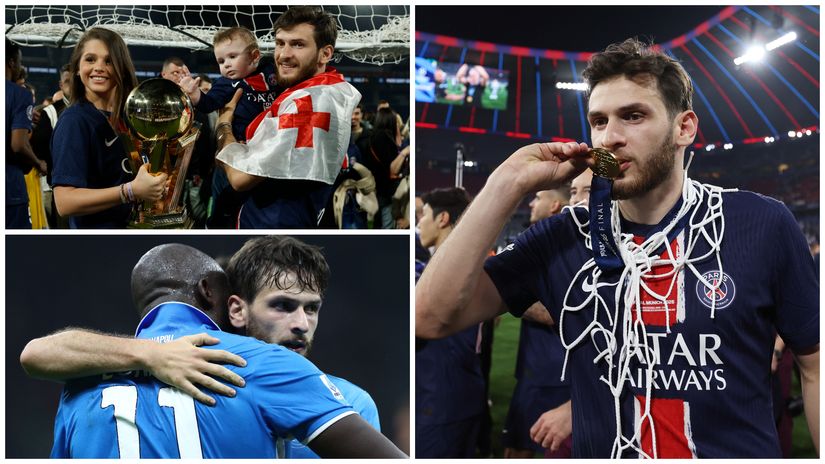 Khvicha with Ligue 1 and UCL silverware and celebrating with Lukaku (©Getty images/Gallo images)