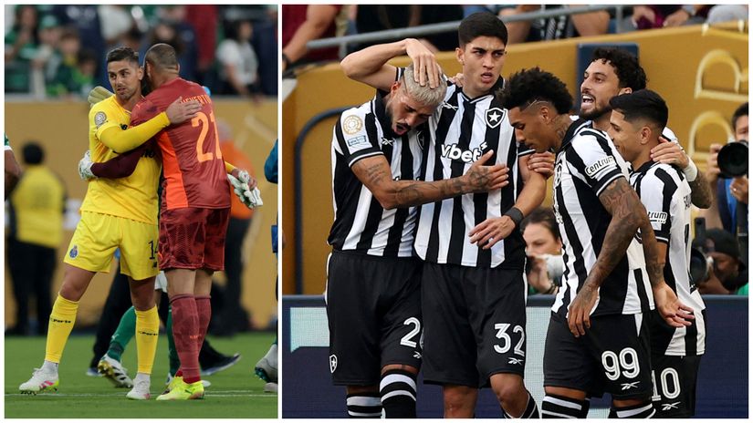Ramos & Weverton congratulate each other after the game and Botafogo players celebrate Jair's (#32) opener (©Reuters/Jeenah Moon/Agustin Marcarian/Gallo Images)