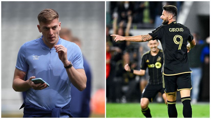 Delap (left) and Giroud wearing Los Angeles FC's #9 (right) (©Reuters/Scott Heppell/Kelvin Kuo-Imagn Images/Gallo Images)