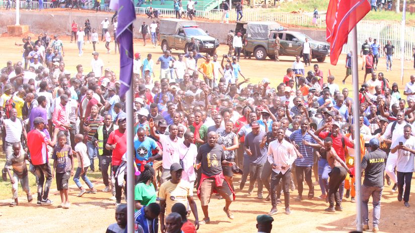 Musingu High School FC fans cheer their team against St Joseph Kitale FC during their Semi-Final match of the National Secondary Schools Games at Gusii Stadium © Mozzart Sport