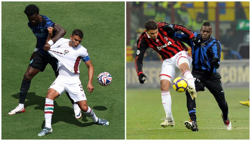 Silva vs Inter's strikers: Thuram yesterday (left) and Balotelli in 2010 (right) (©Getty Images)