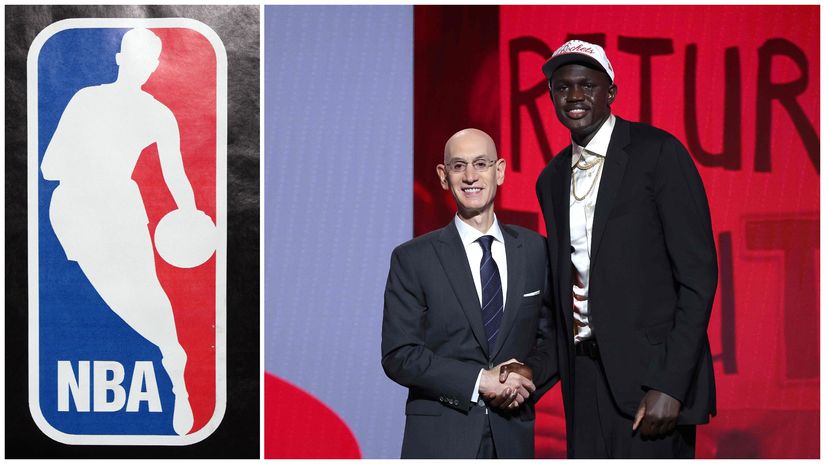 Tearful Khaman Maluach shaking hands with the NBA commissioner Adam Silver moments after being drafted (©Getty Images)