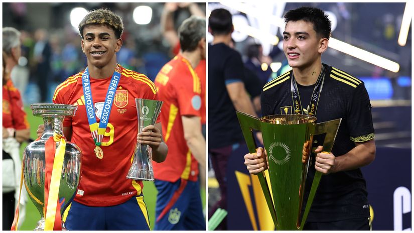 Yamal last year with the EURO trophy and Mora two days ago with the Gold Cup trophy (©Jonathan Moscrop/Robbie Jay Barratt - AMA/Getty Images/Gallo Images)