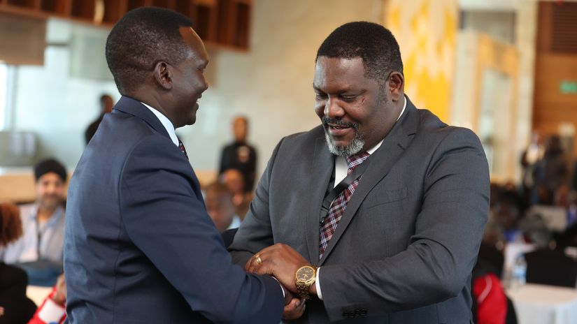 Paul Tergat congratulates Shadrack Maluki on winning the NOC-K Presidency ©Jairus Mola/ Team Kenya