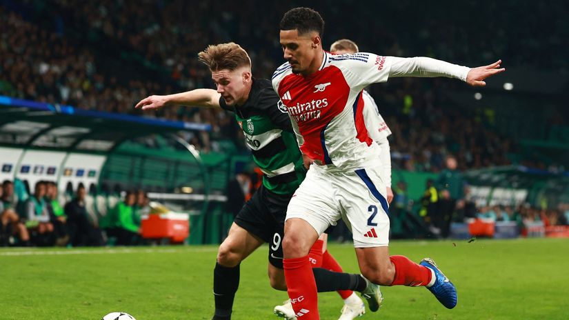 Gyokeres and Saliba in a duel in the UCL clash between Sporting and Arsenal last November (©Reuters/Pedro Nunes/Gallo Images)