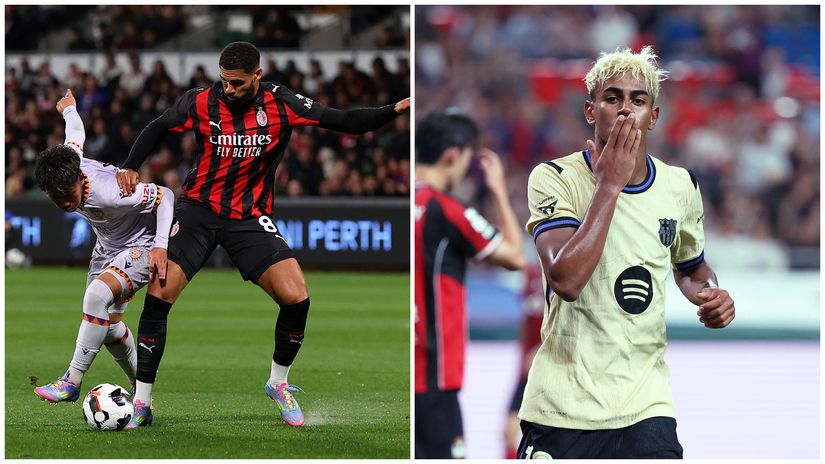 Loftus-Cheek of AC Milan in action and Barca's Yamal celebrating a goal (©Getty Images)