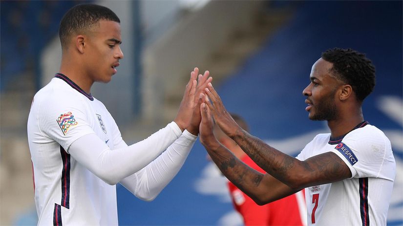 Greenwood and Sterling representing England against Iceland in September 2020 (©Haflidi Breidfjord/Getty Images)