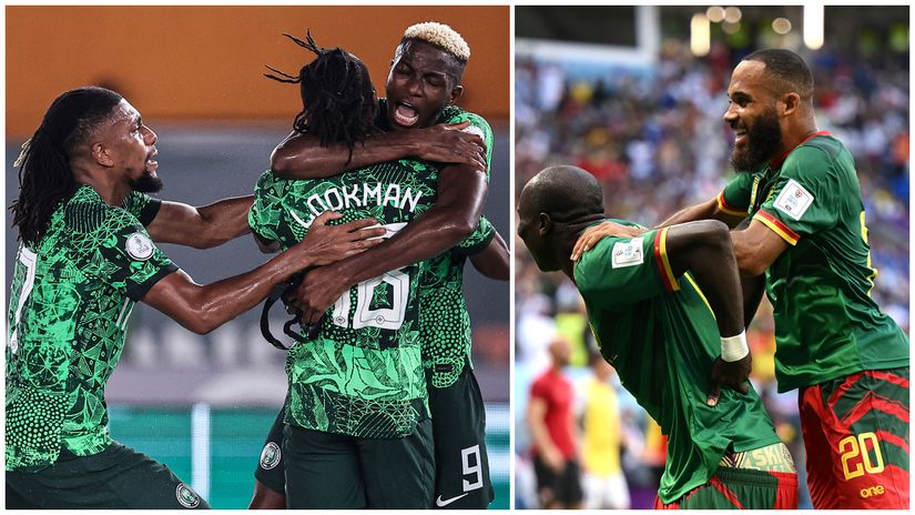 Iwobi, Lookman & Osimhen of Nigeria and Cameroon's Aboubakar & Mbeumo (©AFP/Clive Mason/Getty Images/Gallo Images)