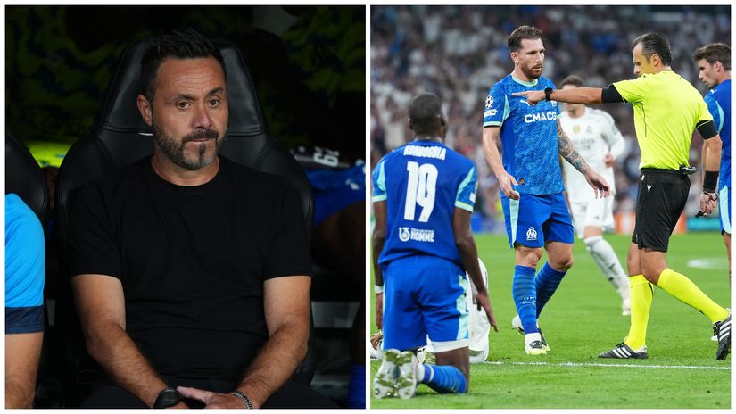 De Zerbi last night at the Santiago Bernabeu and the ref's decision (©Getty images)