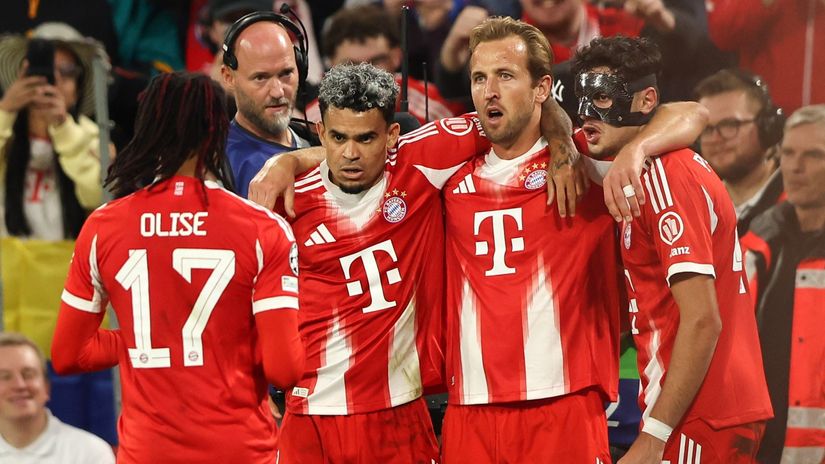 Kane celebrates one of his goals with Olise, Luiz, and Pavlovic (©Stefan Matzke - sampics/Getty Images/Gallo Images)