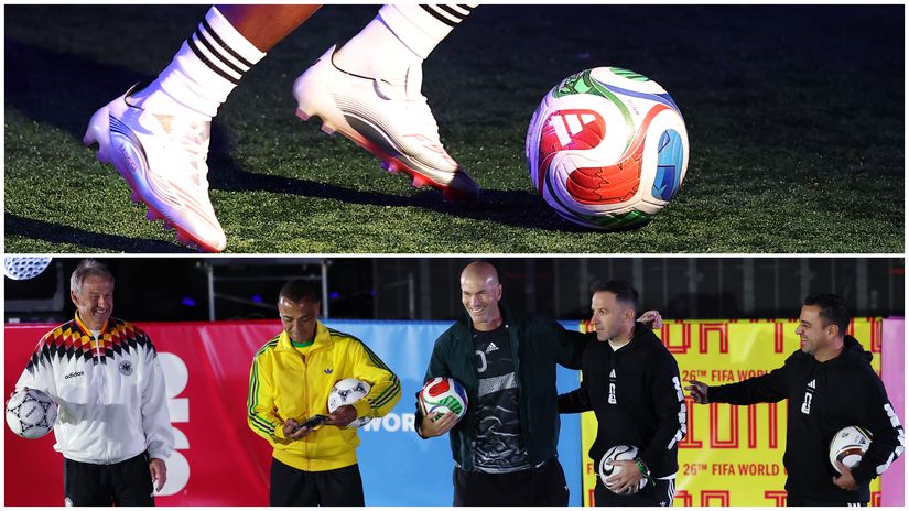 The new ball and the heroes of previous World Cups with their respective balls (©Sarah Stier/Getty Images)