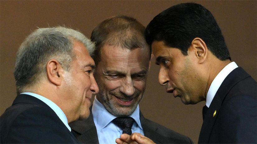 Laporta, Ceferin and Al-Khelaifi (©David Ramos/Getty Images)
