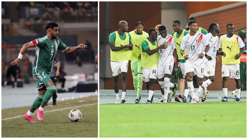 Mahrez in action for Algeria and the Guineans celebrating (©AFP)
