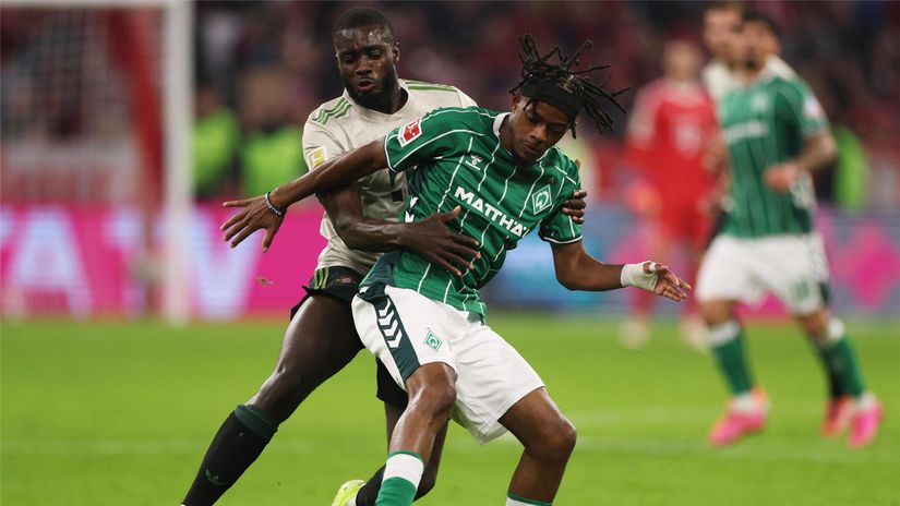 Upamecano in action for Bayern Munich against Samuel Mbangula of Werder Bremen (©Getty images)