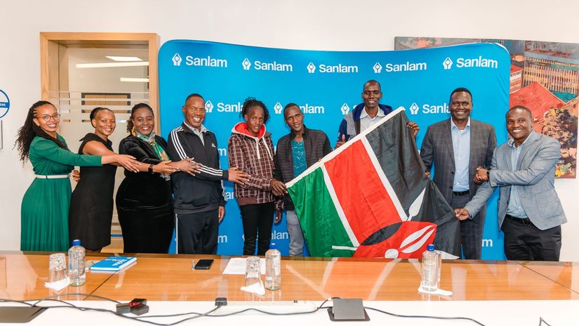 A moment of shared passion and purpose as Dr. Patrick Tumbo, Group CEO Sanlam Kenya and Dr. Paul Tergat, founder of the SOYA Awards, rally behind Kenya’s marathon heroes during the official flag-off at Sanlam Towers, Nairobi