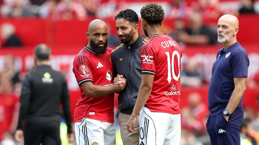 Bryan Mbeumo, Ruben Amorim and Matheus Cunha (©Getty Images)