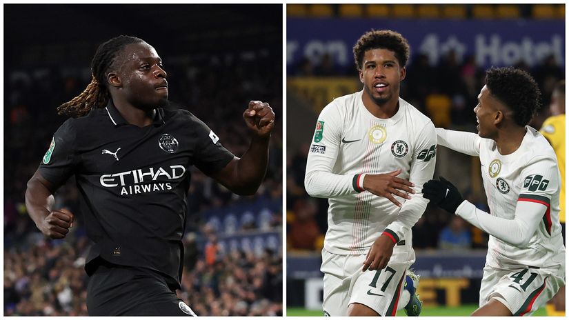 Doku of Man City (left) and Santos and Estevao of Chelsea celebrate (©Getty images)