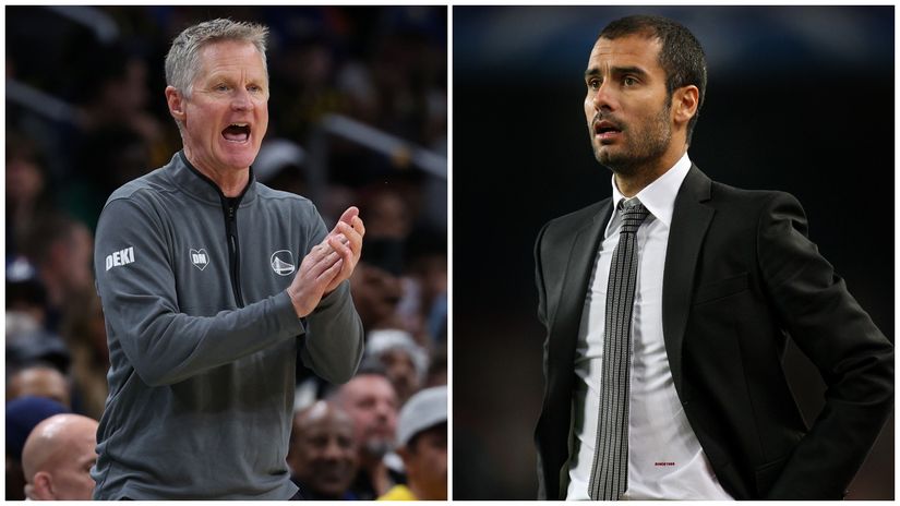 Steve Kerr (left) and Pep Guardiola during his Barcelona days (©Getty Images)