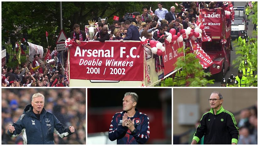 Arsenal's 2002 trophy parade and Moyes, Cotterill & O'Neill (©AFP/Getty Images)