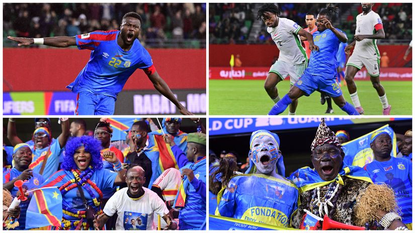 Wild celebrations for DR Congo after Mbemba (up left) scored the decisive penalty (©Gallo images)