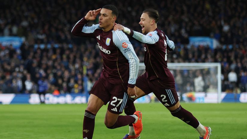 Rogers celebrates his free-kick winner with Matty Cash (©Reuters/Chris Radburn/Gallo Images)