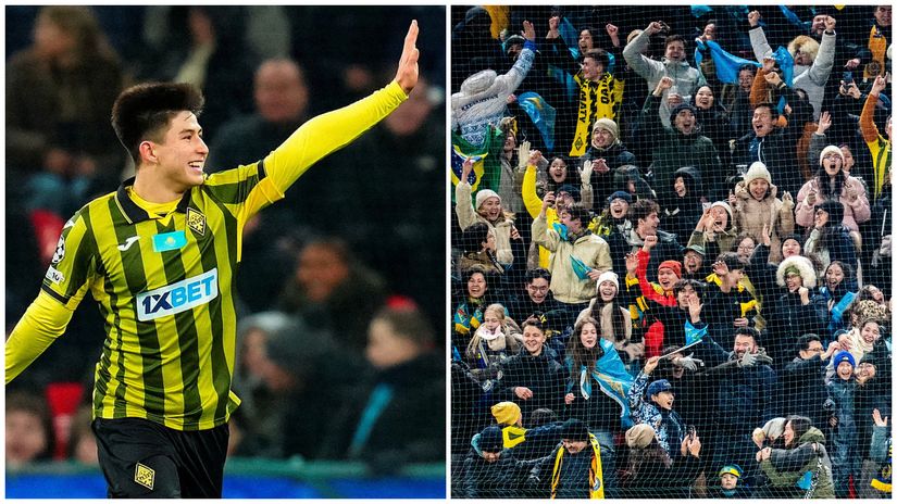 Kairat's Dastan Satpaev and their passionate fans last night (©Ida Marie Odgaard/Ritzau Scanpix via REUTERS)
