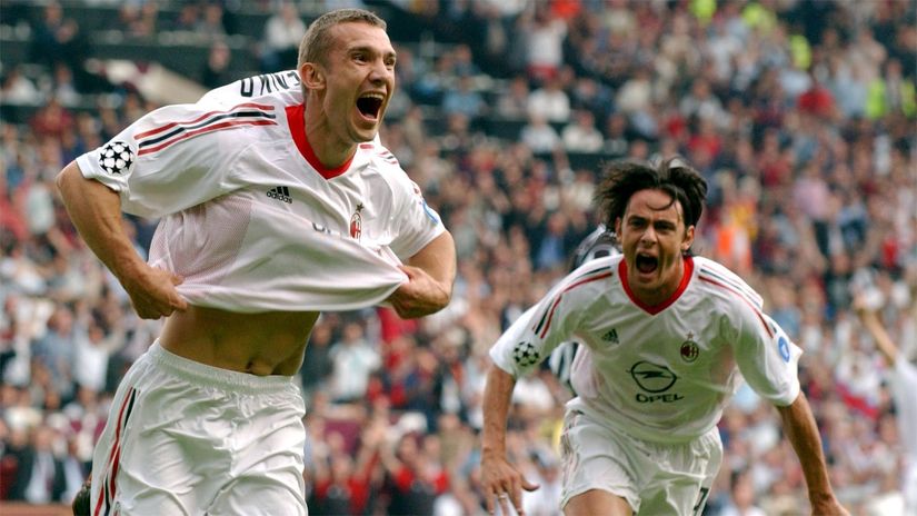 Shevchenko and Inzaghi during the 2003 UCL final (©Action Images/Darren Walsh)
