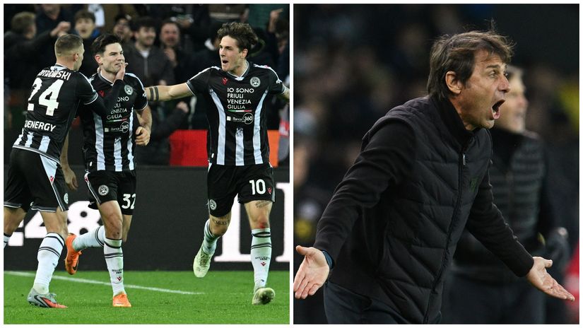 Udinese players celebrating the goal and Antonio Conte (©Gallo Images)
