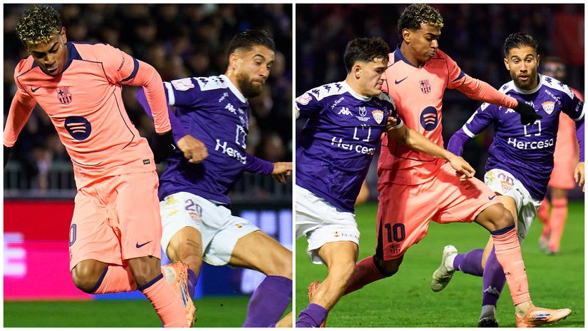 Borja Diaz trying to stop Lamine Yamal on Tuesday night (©Angel Martinez/Getty Images)