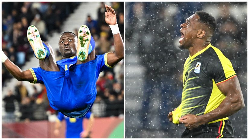Msuva of Tanzania (left) and Ikpeazu of Uganda celebrate their goals (©AFP)