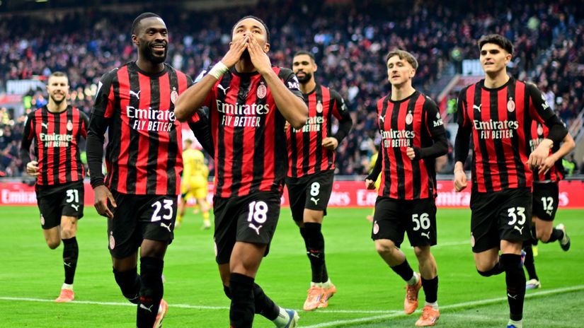 The Rossoneri celebrating one of Nkunku's goals (©Reuters/Daniele Mascolo/Gallo Images)