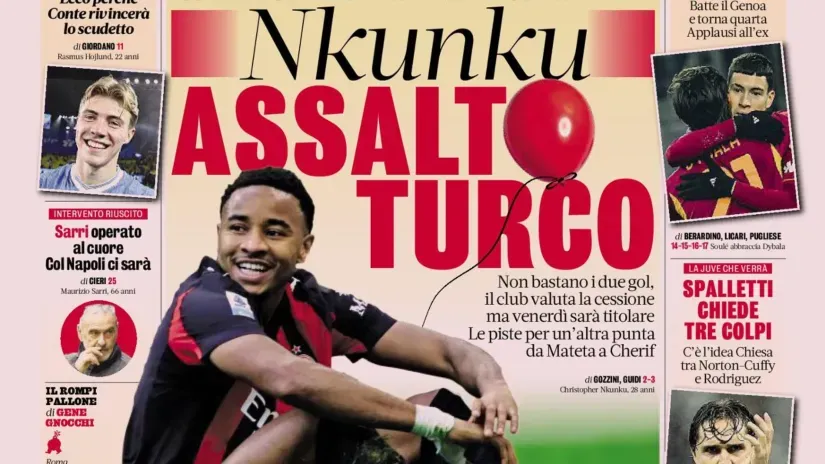 The cover page of Gazzetta dello Sport with the news of Nkunku's potential move (©Screenshot)
