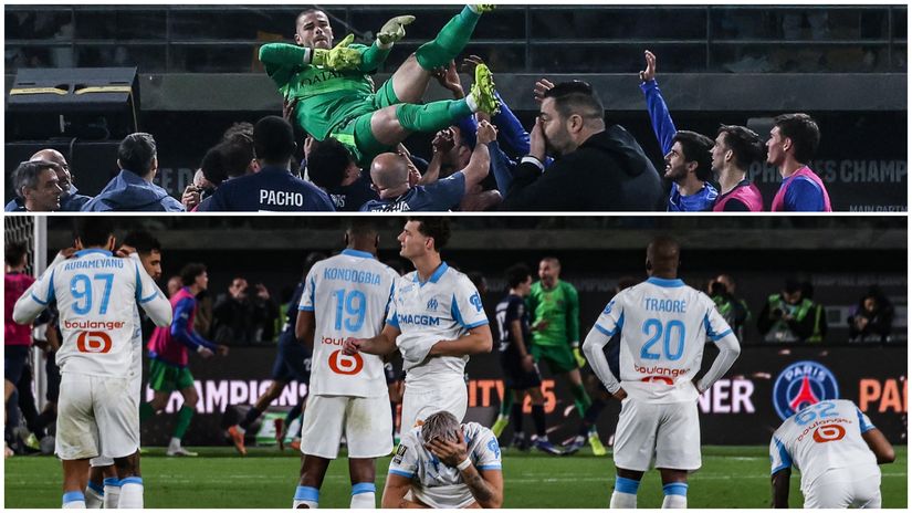 Hero Chevalier thrown in the air by his teammates and OM's players in despair (©AFP)