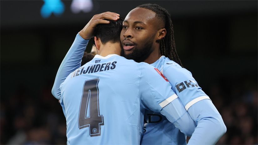 Semenyo celebrates after scoring his maiden goal for Man City (©Mark Thompson/Getty Images)