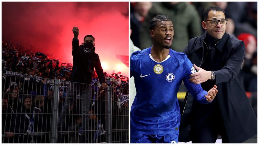 Strasbourg fans in anger (left) and Rosenior during his first Chelsea game (©Getty images)