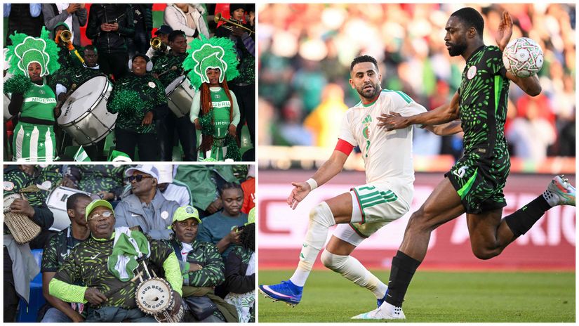 Nigeria fans and Semi Ajayi in action against Riyad Mahrez of Algeria (©Gallo Images/AFP)