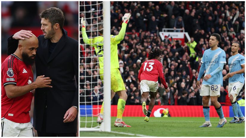Carrick congratulates Mbeumo as Dorgu celebrates after scoring (©Getty images)